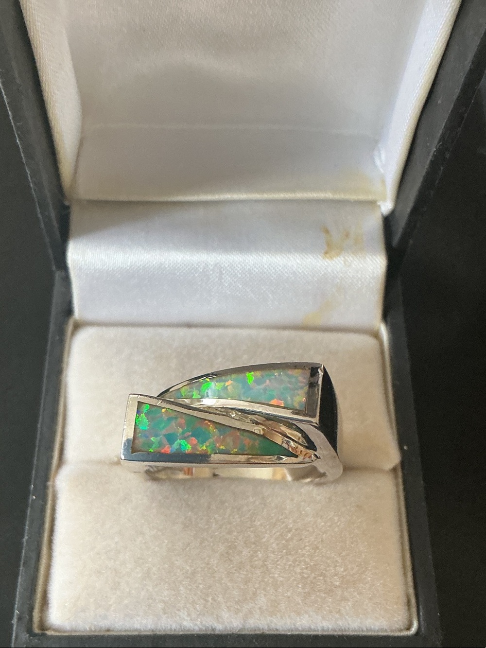 Sterling Silver Opal Inlay Women's Ring in Green-Blue